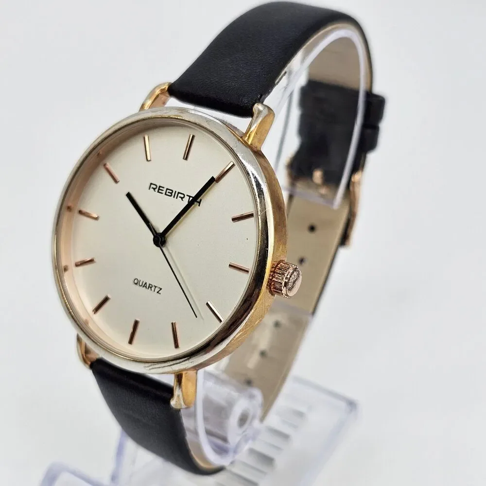 Rebirth Women's‎ Watch 41MM Gold Dial Black Leather Bands New Battery